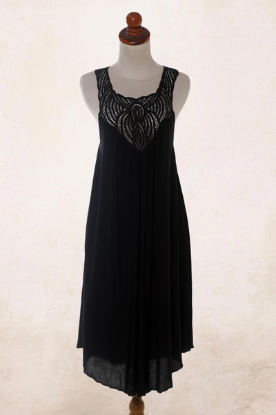 Embroidered cotton dress, 'Drifting Clouds in Black' - Hand Embroidered Black Cotton Dress