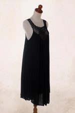 Embroidered cotton dress, 'Drifting Clouds in Black' - Hand Embroidered Black Cotton Dress