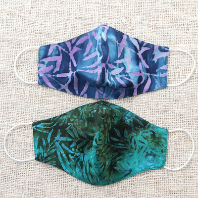 Rayon batik face masks, 'On the Island' (extra wide, pair) - 2 Extra Wide Double Layer Rayon Batik Face Masks
