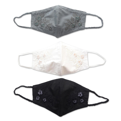 Embroidered cotton face masks, 'Quiet Floral Trio' (set of 3) - 3 Cotton Contoured Face Masks with Floral Embroidery