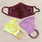 Embroidered cotton face masks, 'Cheerful Floral Trio' (set of 3) - 3 Colorful Floral Embroidery Cotton Contoured Face Masks