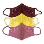 Embroidered cotton face masks, 'Cheerful Floral Trio' (set of 3) - 3 Colorful Floral Embroidery Cotton Contoured Face Masks