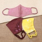 Embroidered cotton face masks, 'Cheerful Floral Trio' (set of 3) - 3 Colorful Floral Embroidery Cotton Contoured Face Masks