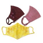 Embroidered cotton face masks, 'Cheerful Floral Trio' (set of 3) - 3 Colorful Floral Embroidery Cotton Contoured Face Masks
