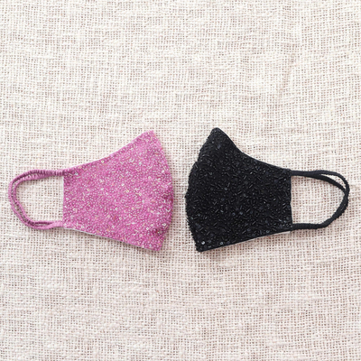 Beaded cotton face masks, 'Feminine Glam' (pair) - 2 Hand Beaded Cotton Contoured Face Masks in Black and Pink
