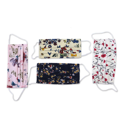 Cotton face masks, 'Balinese Wildflowers' (set of 4) - Four 2-Layer Cotton Wildflower Print Elastic Loop Face Masks