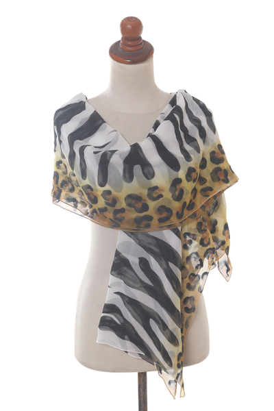 Hand painted silk shawl, 'Animal Instincts' - Zebra Stripe and Leopard Spot Silk Chiffon Shawl