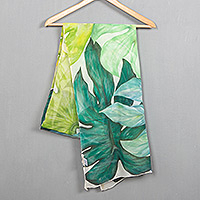 Hand-painted silk chiffon shawl, 'Philodendron Plant' - 100% Silk Chiffon Hand-Painted Botanical Print Shawl