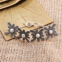 Cultured pearl link bracelet, 'Jawan Blossom' - Cultured Pearl Flower Link Bracelet from Bali