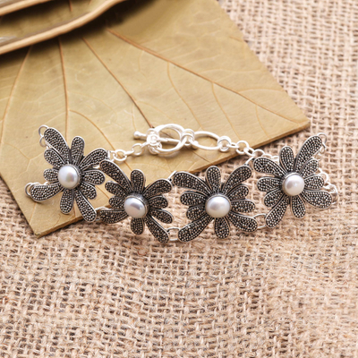 Cultured pearl link bracelet, 'Jawan Blossom' - Cultured Pearl Flower Link Bracelet from Bali
