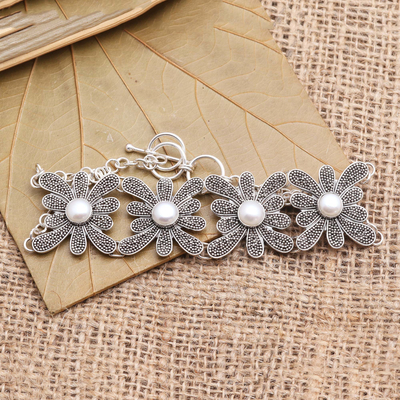 pulsera de eslabones de perlas cultivadas - Brazalete de eslabones con flores de perlas cultivadas de Bali