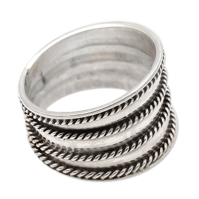 Sterling silver band ring, 'Between the Lines' - Rope Motif Wide Sterling Silver Band RIng