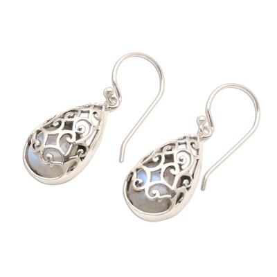 Rainbow moonstone dangle earrings, 'Captive Rainbow' - Rainbow Moonstone and Sterling Silver Dangle Earrings