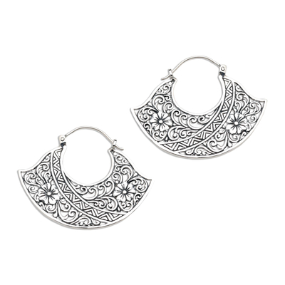 Sterling silver hoop earrings, 'Cape of Flowers' - Sterling Silver Floral Hoop Earrings from Bali