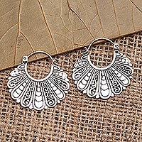 Sterling silver hoop earrings, 'Sukawati Fans' - Fan-Shaped Sterling Silver Hoop Earrings