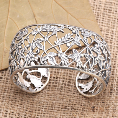 Sterling silver cuff bracelet, 'Tropical Eden' - Detailed Tropical Motif Sterling Silver Cuff Bracelet