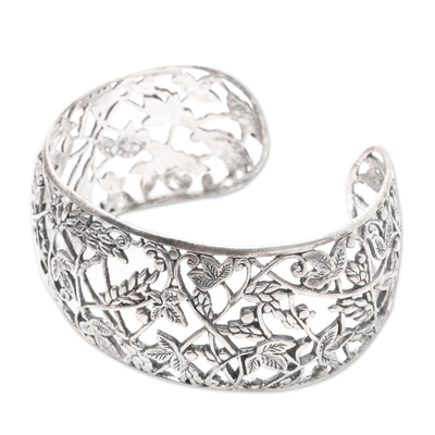 Sterling silver cuff bracelet, 'Tropical Eden' - Detailed Tropical Motif Sterling Silver Cuff Bracelet