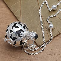 Onyx harmony ball long necklace, 'Happy Chime' - Silver and Black Enamel Harmony Ball Necklace with Onyx