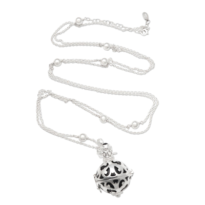 Onyx harmony ball necklace, 'Happy Chime' - Silver and Black Enamel Harmony Ball Necklace with Onyx