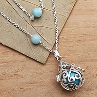 Amazonite harmony ball necklace, 'Blue Lace Angel Chime' - Silver Amazonite and Blue Enamel Harmony Ball Necklace