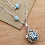 Amazonite harmony ball long necklace, 'Blue Lace Angel Chime' - Silver Amazonite and Blue Enamel Harmony Ball Necklace