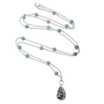 Amazonite harmony ball long necklace, 'Blue Lace Angel Chime' - Silver Amazonite and Blue Enamel Harmony Ball Necklace