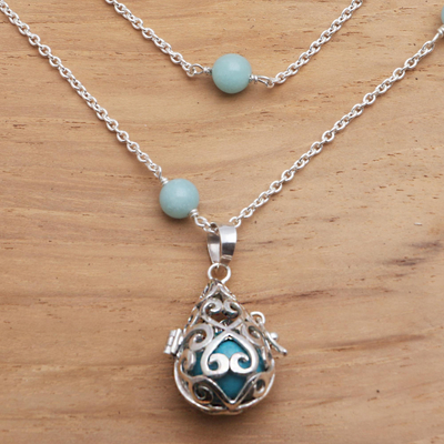 Amazonite harmony ball long necklace, 'Blue Lace Angel Chime' - Silver Amazonite and Blue Enamel Harmony Ball Necklace