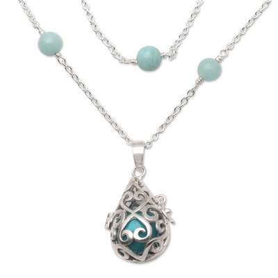 Amazonite harmony ball long necklace, 'Blue Lace Angel Chime' - Silver Amazonite and Blue Enamel Harmony Ball Necklace