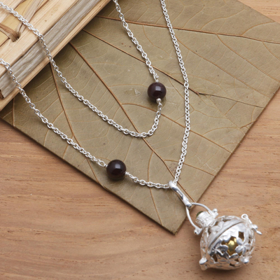 Garnet and peridot harmony ball long necklace, 'Plumeria Chime' - Silver & Garnet Plumeria Harmony Ball Necklace with Peridot