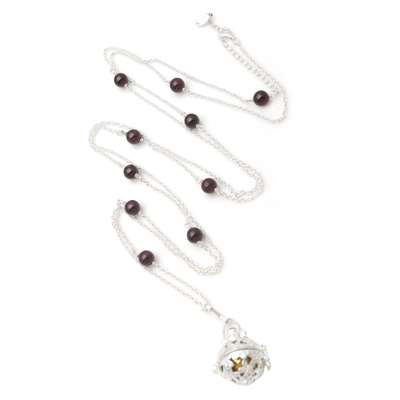 Garnet and peridot harmony ball necklace, 'Plumeria Chime' - Silver & Garnet Plumeria Harmony Ball Necklace with Peridot