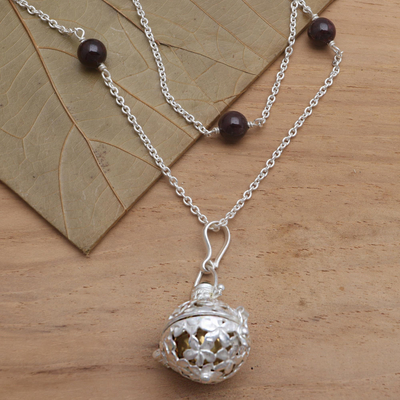 Garnet and peridot harmony ball long necklace, 'Plumeria Chime' - Silver & Garnet Plumeria Harmony Ball Necklace with Peridot