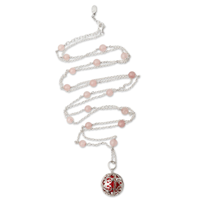 Rose quartz harmony ball long necklace, 'Sweet Omkara' - Balinese Silver and Rose Quartz Harmony Ball Necklace