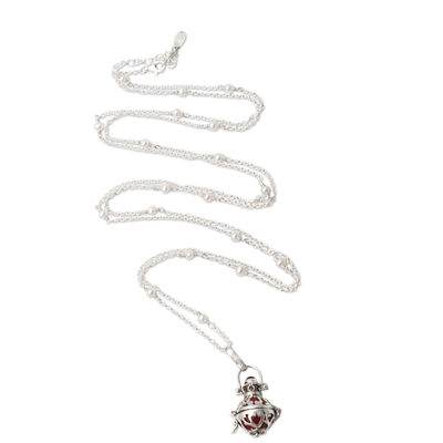 Cultured pearl and garnet harmony ball necklace, 'Love's Purity' - Silver and Cultured Pearl Harmony Ball Necklace with Garnet