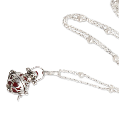 Cultured pearl harmony ball long necklace, 'Love's Purity' - Silver and Cultured Pearl Harmony Ball Necklace with Garnet