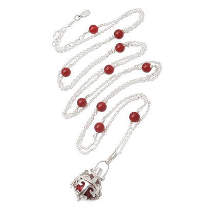 Carnelian and garnet harmony ball long necklace, 'Happy Chime' - Silver Carnelian and Garnet Long Harmony Ball Necklace