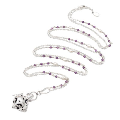 Amethyst and cultured pearl harmony ball necklace, 'Angelic Sound' - Bali Cultured Pearl & Amethyst Silver Harmony Ball Necklace