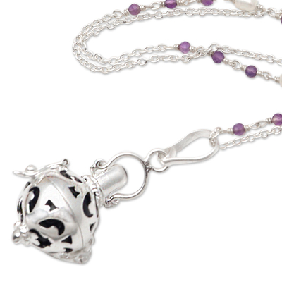 Amethyst and cultured pearl harmony ball necklace, 'Angelic Sound' - Bali Cultured Pearl & Amethyst Silver Harmony Ball Necklace
