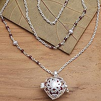 Garnet and cultured pearl harmony ball necklace, 'Angel Lullaby' - Bali Cultured Pearl & Garnet Silver Harmony Ball Necklace