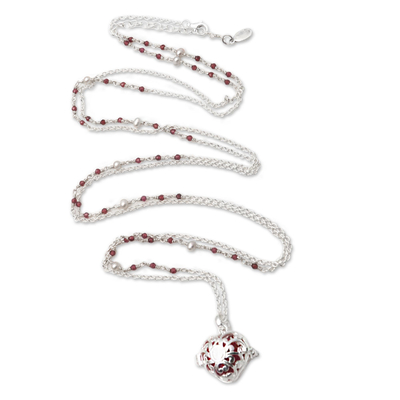 Garnet and cultured pearl harmony ball necklace, 'Angel Lullaby' - Bali Cultured Pearl & Garnet Silver Harmony Ball Necklace