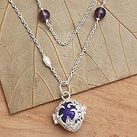 Collar de bola de armonía de amatista y perla cultivada, 'Chimes of Comfort' - Collar de bola de armonía de plata con perla cultivada y amatista