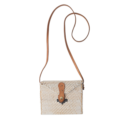 Bamboo shoulder bag, 'White Island Chic' - Handwoven White Bamboo Shoulder Bag with Faux Leather Strap