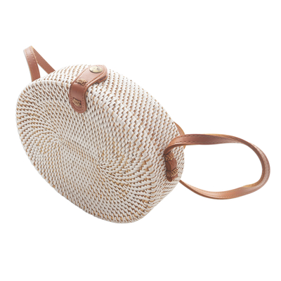 Bamboo shoulder bag, 'White Island Oval' - White Oval Bamboo Shoulder Bag with Faux Leather Strap