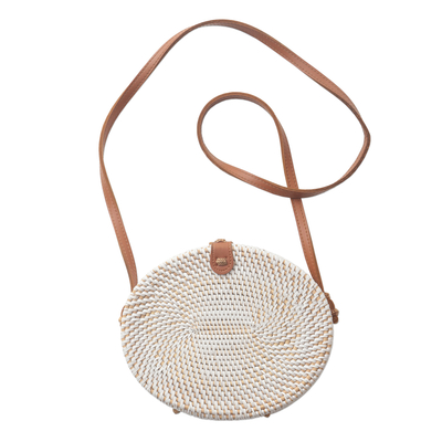 Bamboo shoulder bag, 'White Island Oval' - White Oval Bamboo Shoulder Bag with Faux Leather Strap
