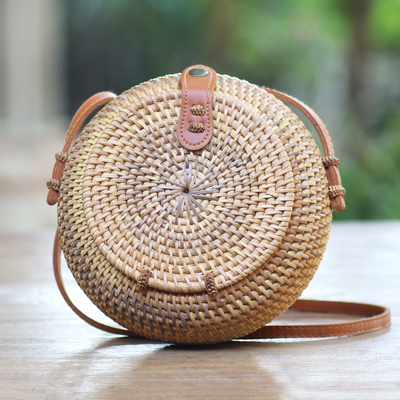 Natural fiber shoulder bag, 'Natural Moon' - Handwoven Bamboo Basket Shoulder Bag with Faux Leather Strap