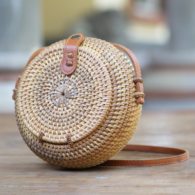 Natural fiber shoulder bag, 'Natural Moon' - Handwoven Bamboo Basket Shoulder Bag with Faux Leather Strap