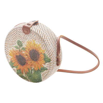 Bamboo decoupage shoulder bag, 'Tropical Sunflowers' - Handwoven White Bamboo Decoupage Sunflower Shoulder Bag