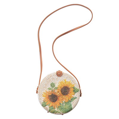 Bamboo shoulder bag, 'Tropical Sunflowers' - Handwoven White Bamboo Sunflower Shoulder Bag