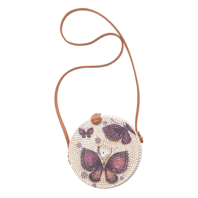 Bamboo decoupage shoulder bag, 'Tropical Butterflies' - Handwoven Decoupage White Bamboo Butterfly Shoulder Bag