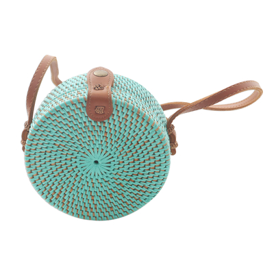 Bamboo shoulder bag, 'Mint Lombok Circle' - Handwoven Mint Bamboo Shoulder Bag with Faux Leather Strap