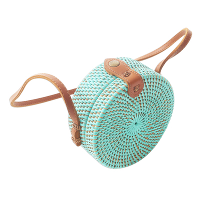Bamboo shoulder bag, 'Mint Lombok Circle' - Handwoven Mint Bamboo Shoulder Bag with Faux Leather Strap
